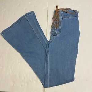Bootcut Flared Leg Light Wash Jeans Suede Leather Tie detail Size 26 Bell Bottom